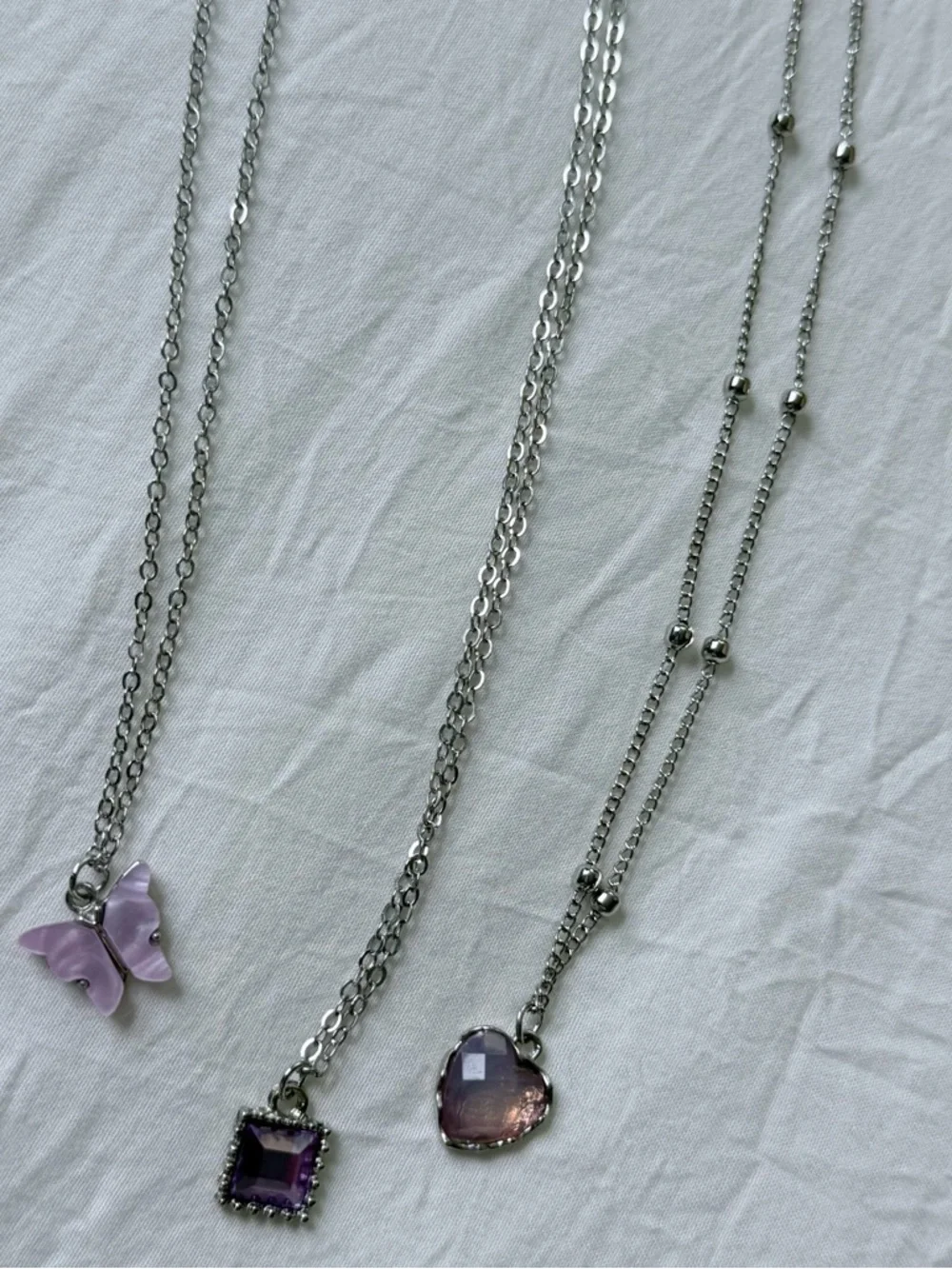 Brand New Y2K Silver Purple Fairycore Butterfly Heart Charm Pendant Necklace Set